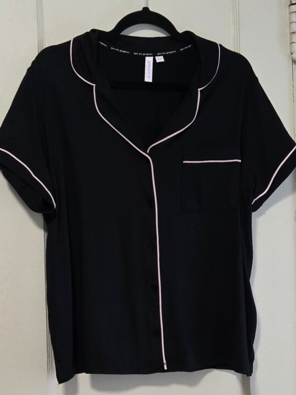 Black Short-Sleeve Button-Front Pajama Set with Pink Trim